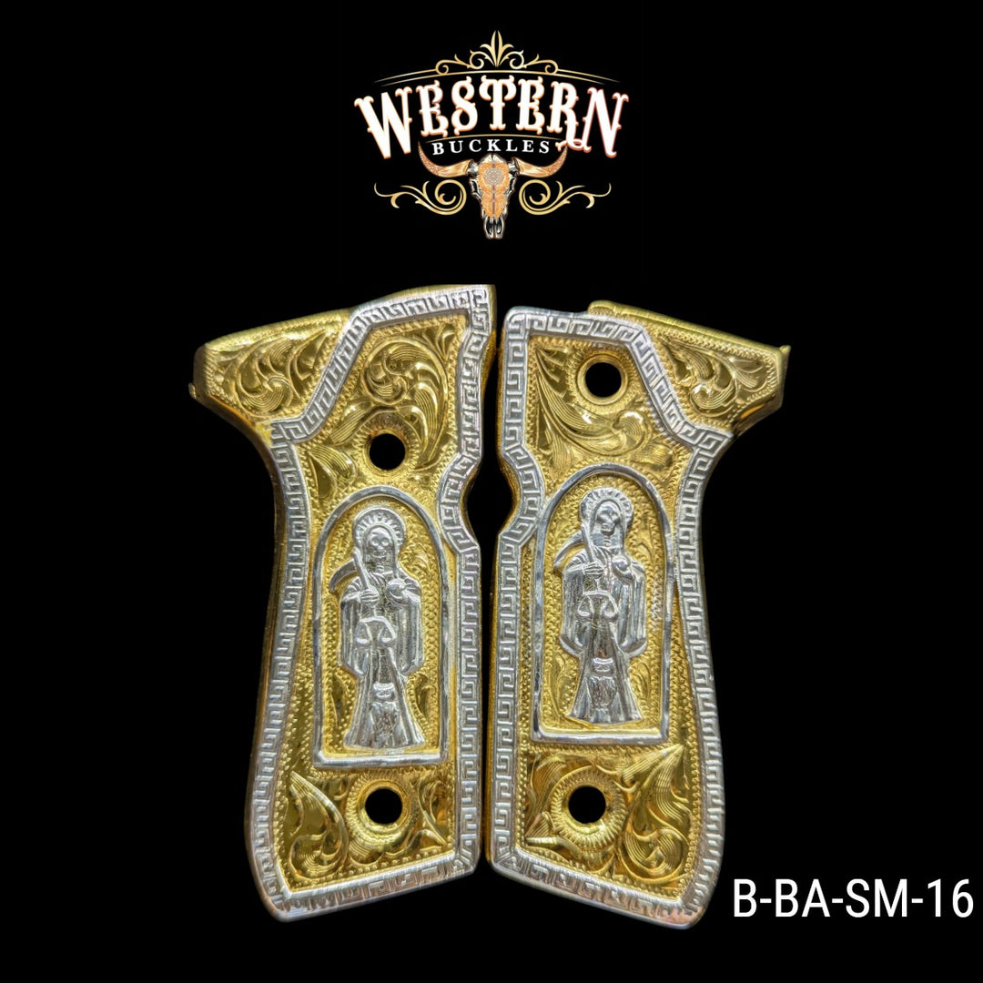 Santa Muerte grips for Beretta 92FS, hand-engraved, 24K gold-plated and silver-plated