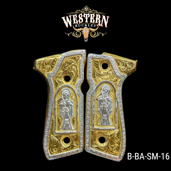 Santa Muerte grips for Beretta 92FS, hand-engraved, 24K gold-plated and silver-plated