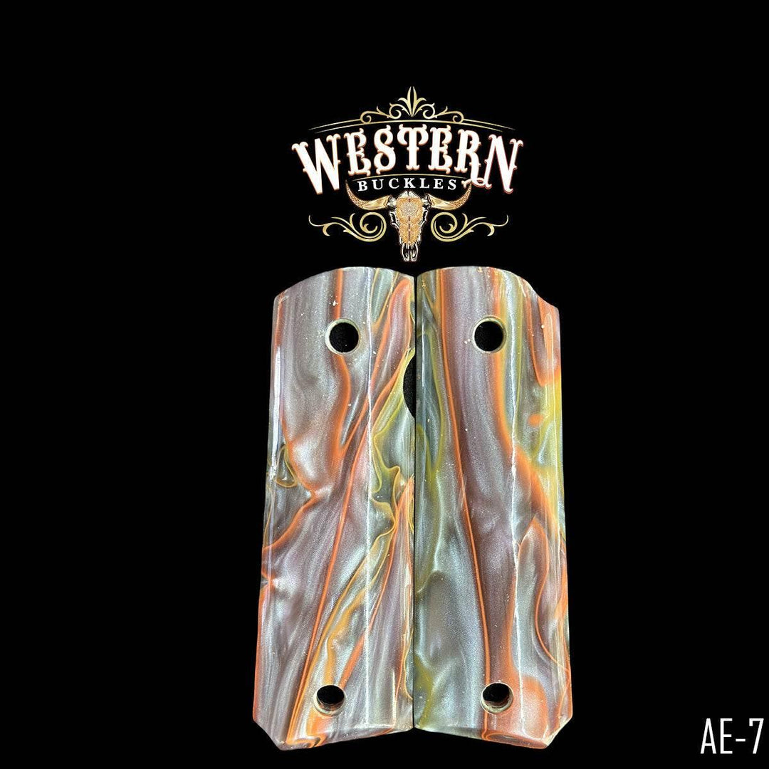 Custom multicolor Colt 1911 pistol grips with swirl design, AE-7, on black background.