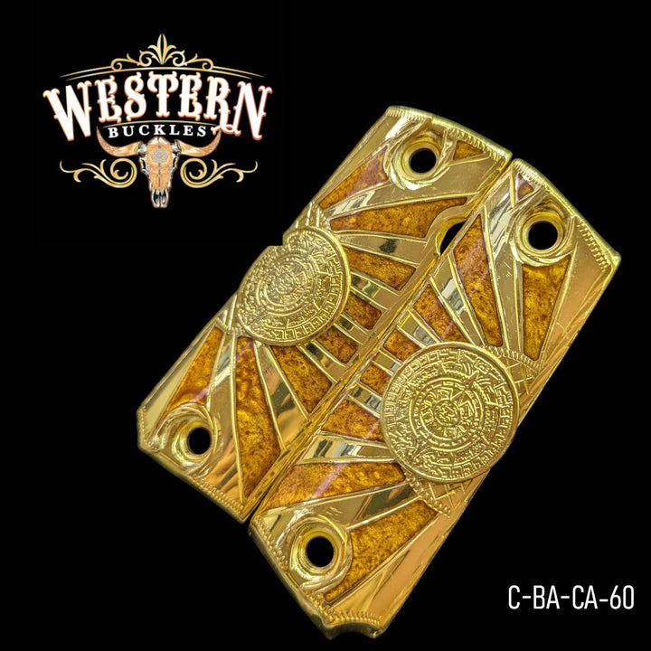 Aztec Calendar Custom Grips for Colt 1911 Full-Size — 24K Gold-Plated with Orange Artisan Resin