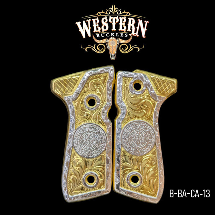 Aztec Calendar (Calendario) Hand-Engraved Grips for Beretta 92FS — 24K Gold-Plated &amp; Silver-Plated 