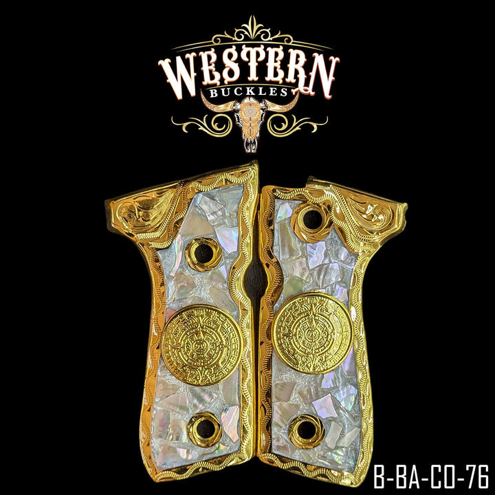 Aztec Calendar (Calendario) Custom Grips for Beretta 92FS — 24K Gold-Plated &amp; Silver-Plated with Mother-of-Pearl &amp; Artisan Resin