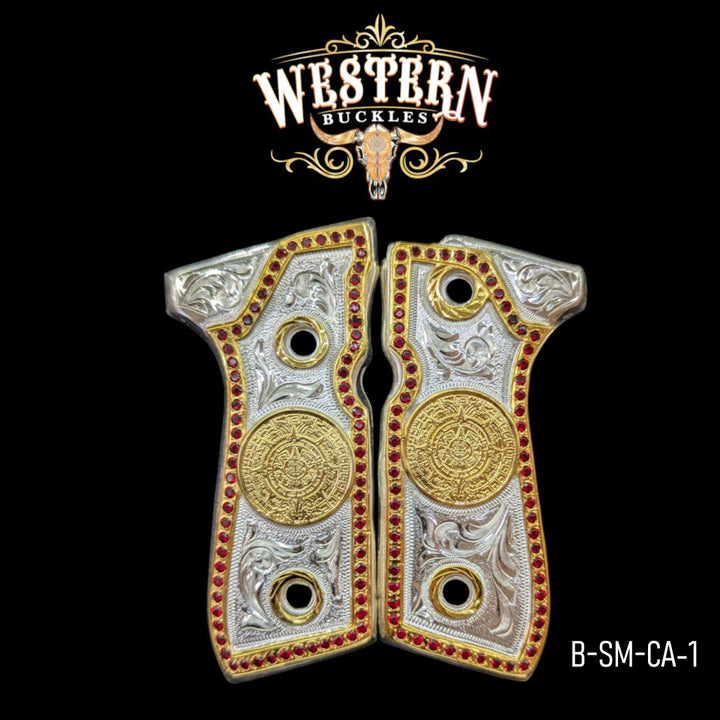 Aztec Calendar (Calendario) Custom Grips for Beretta 92FS — 24K Gold-Plated &amp; Silver-Plated with Zirconia Stones