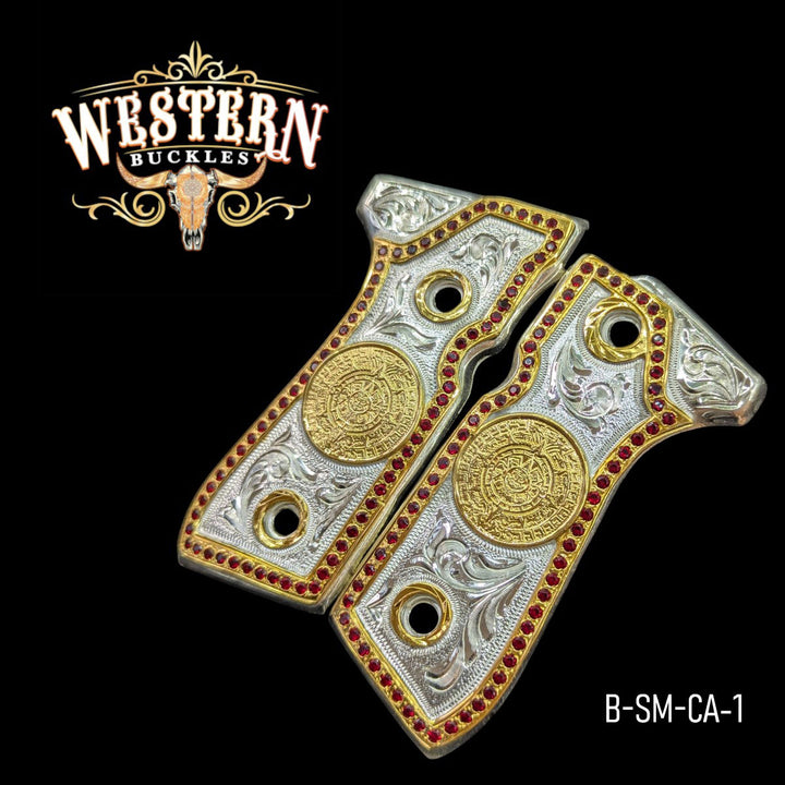 Aztec Calendar (Calendario) Custom Grips for Beretta 92FS — 24K Gold-Plated &amp; Silver-Plated with Zirconia Stones
