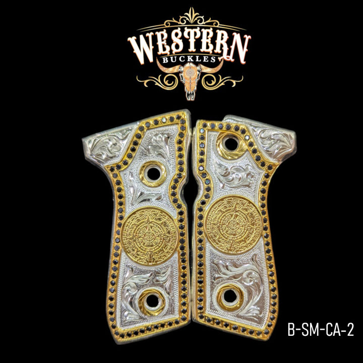 Aztec Calendar (Calendario) Custom Grips for Beretta 92FS — 24K Gold-Plated &amp; Silver-Plated with Zirconia Stones