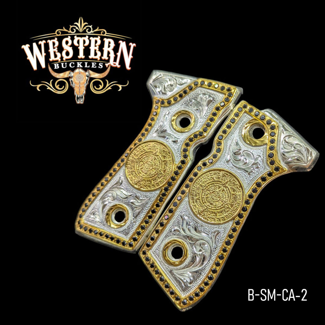 Aztec Calendar (Calendario) Custom Grips for Beretta 92FS — 24K Gold-Plated &amp; Silver-Plated with Zirconia Stones