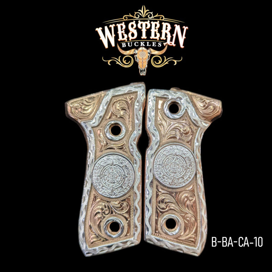 Aztec Calendar (Calendario) Hand-Engraved Grips for Beretta 92FS — 24K Gold-Plated & Silver-Plated