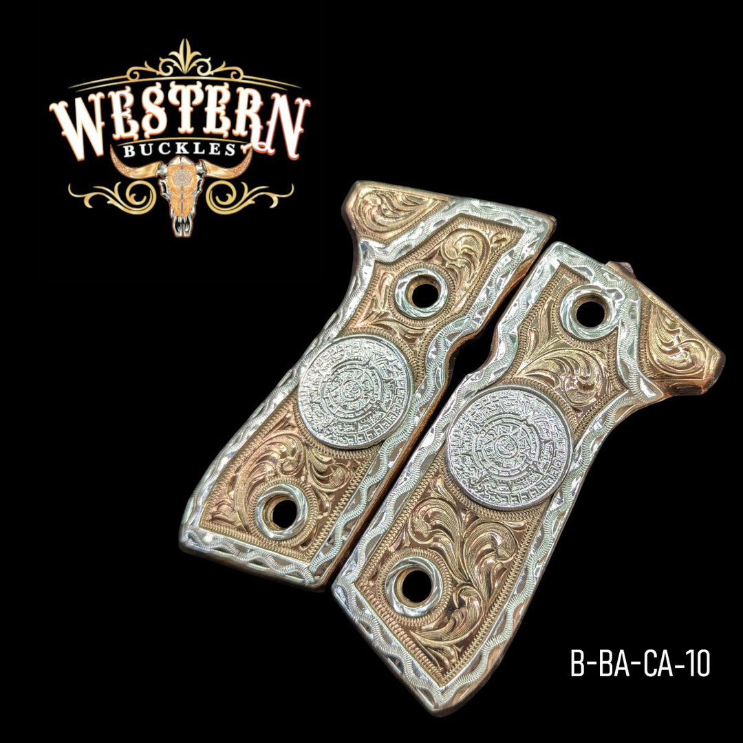Aztec Calendar (Calendario) Hand-Engraved Grips for Beretta 92FS — 24K Gold-Plated &amp; Silver-Plated
