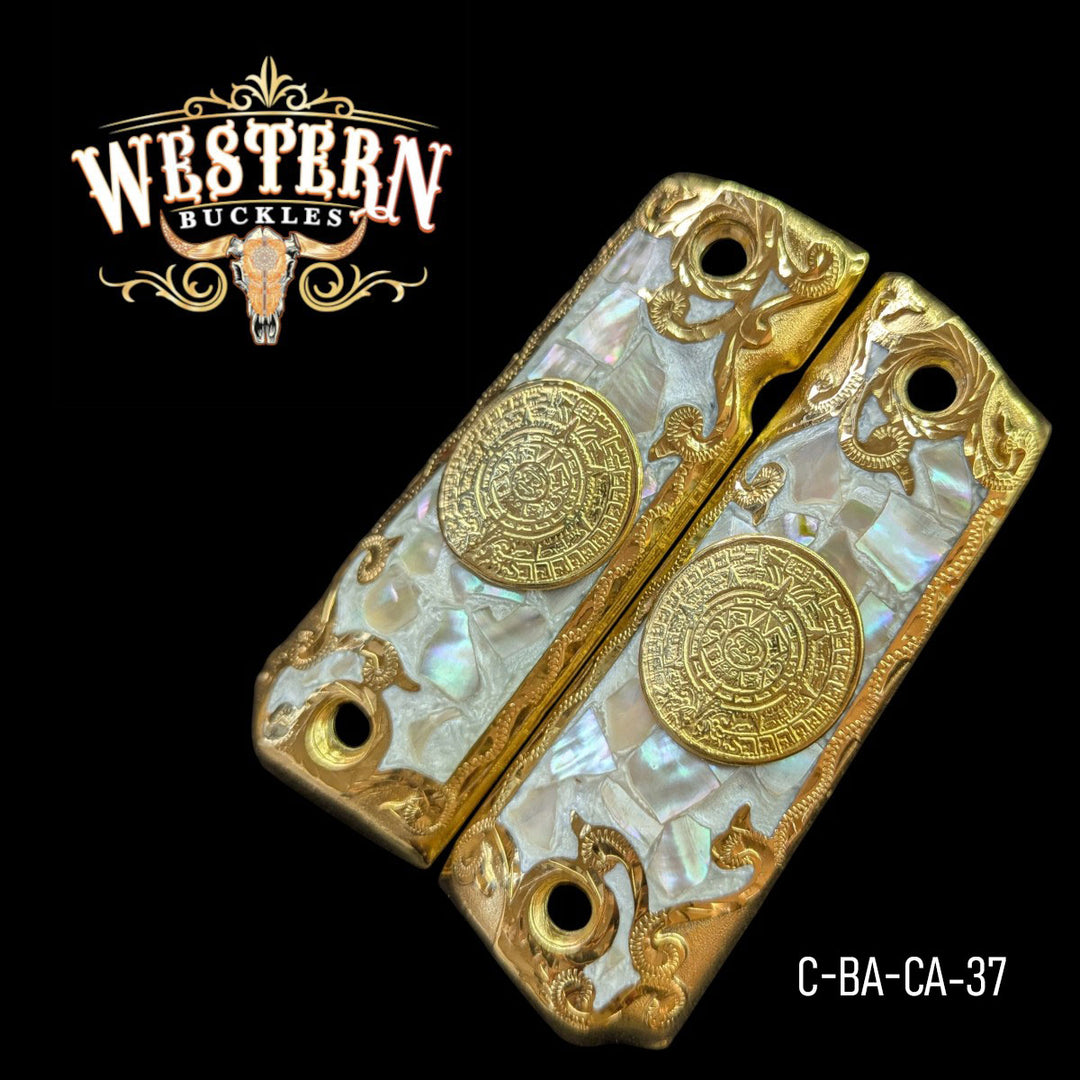 Aztec Calendar Custom Grips for Colt 1911 Full-Size — 24K Gold-Plated with Mother-of-Pearl &amp; Artisan Resin