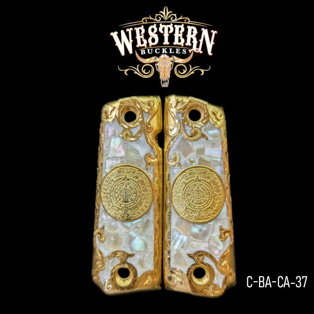 Aztec Calendar Custom Grips for Colt 1911 Full-Size — 24K Gold-Plated with Mother-of-Pearl &amp; Artisan Resin