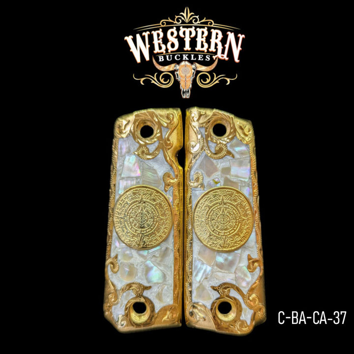 Aztec Calendar Custom Grips for Colt 1911 Full-Size — 24K Gold-Plated with Mother-of-Pearl &amp; Artisan Resin