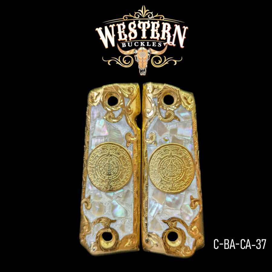 Aztec Calendar Custom Grips for Colt 1911 Full-Size — 24K Gold-Plated with Mother-of-Pearl & Artisan Resin