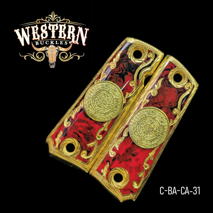 Aztec Calendar Custom Grips for 1911 Full-Size — 24K Gold-Plated with Red Artisan Resin