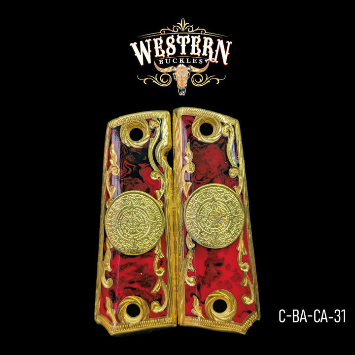 Aztec Calendar Custom Grips for 1911 Full-Size — 24K Gold-Plated with Red Artisan Resin