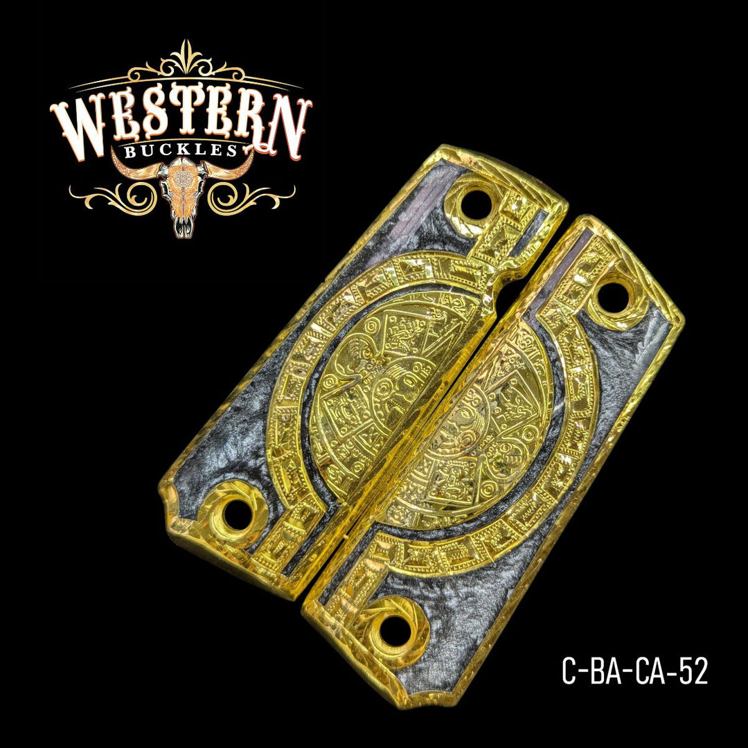 Aztec Calendar Custom Grips for 1911 Full-Size — Silver-Plated with Gray Artisan Resin