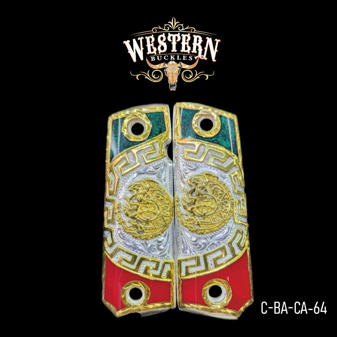 Aztec Calendar Custom Grips for Colt 1911 Full-Size — 24K Gold-Plated & Silver-Plated with Artisan Resin