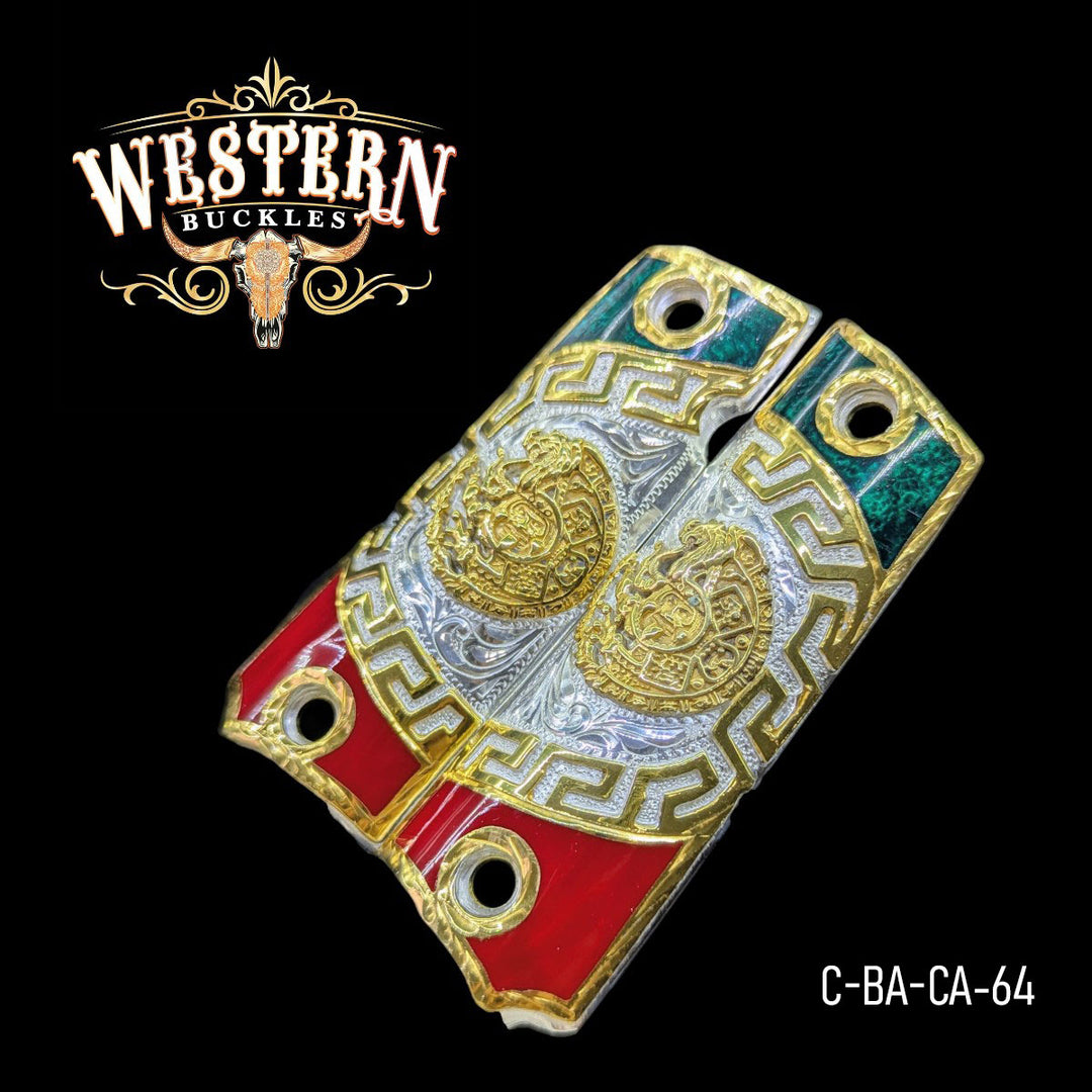 Aztec Calendar Custom Grips for Colt 1911 Full-Size — 24K Gold-Plated &amp; Silver-Plated with Artisan Resin