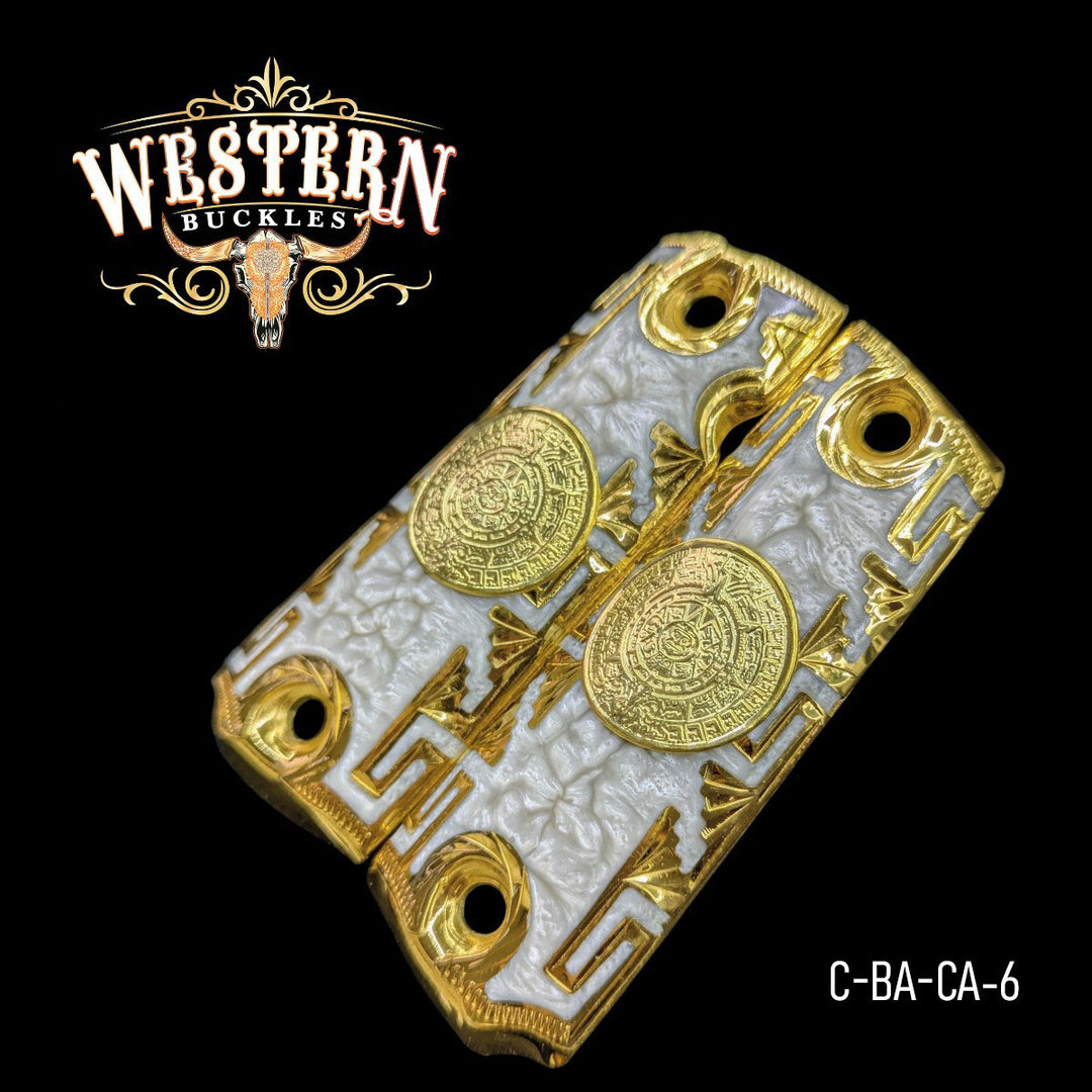 Aztec Calendar Custom Grips for Colt 1911 Full-Size — 24K Gold-Plated White Resin