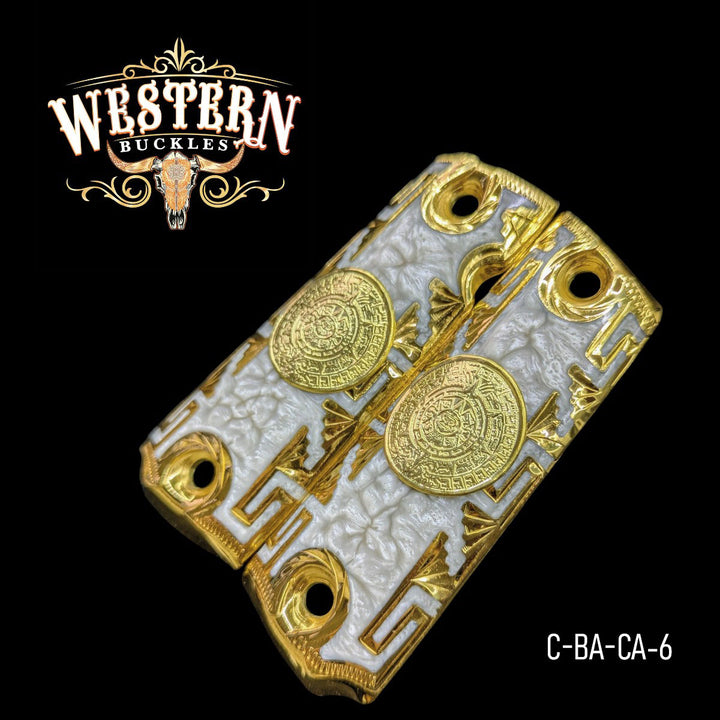 Aztec Calendar Custom Grips for Colt 1911 Full-Size — 24K Gold-Plated White Resin