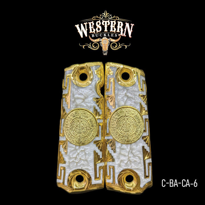 Aztec Calendar Custom Grips for Colt 1911 Full-Size — 24K Gold-Plated White Resin