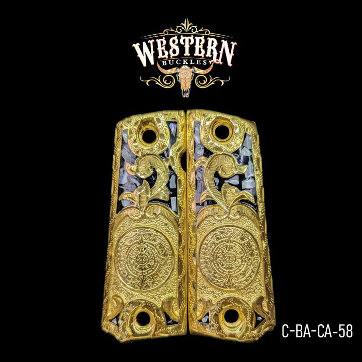Aztec Calendar (Calendario) Custom Grips for Colt 1911 Full-Size — 24K Gold-Plated with Artisan Resin