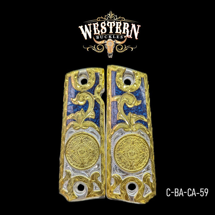 Aztec Calendar Custom Grips for Colt 1911 Full-Size — 24K Gold-Plated with Blue Artisan Resin