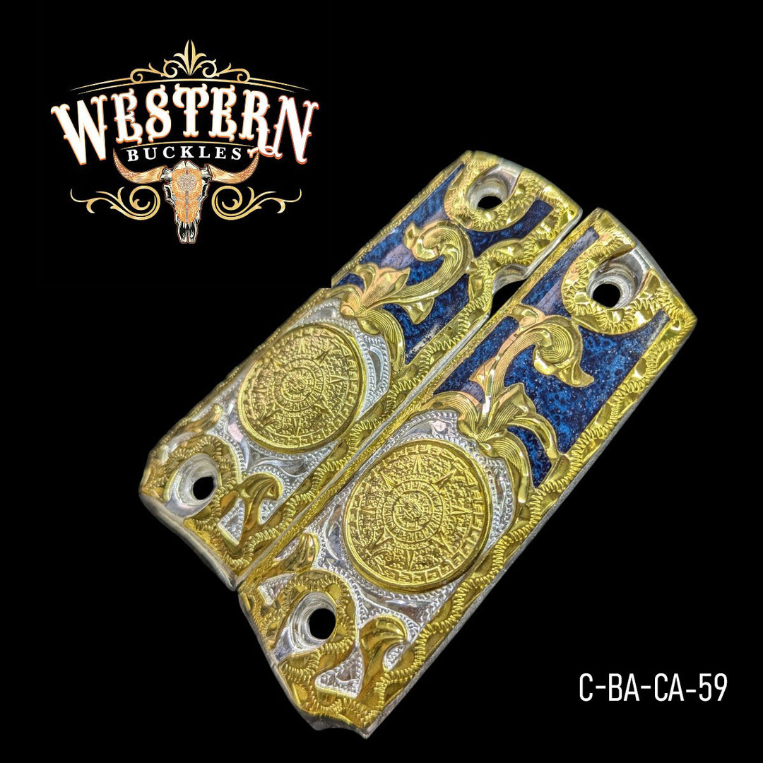 Aztec Calendar Custom Grips for Colt 1911 Full-Size — 24K Gold-Plated with Blue Artisan Resin