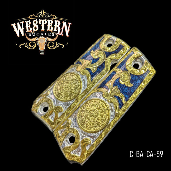 Aztec Calendar Custom Grips for Colt 1911 Full-Size — 24K Gold-Plated with Blue Artisan Resin