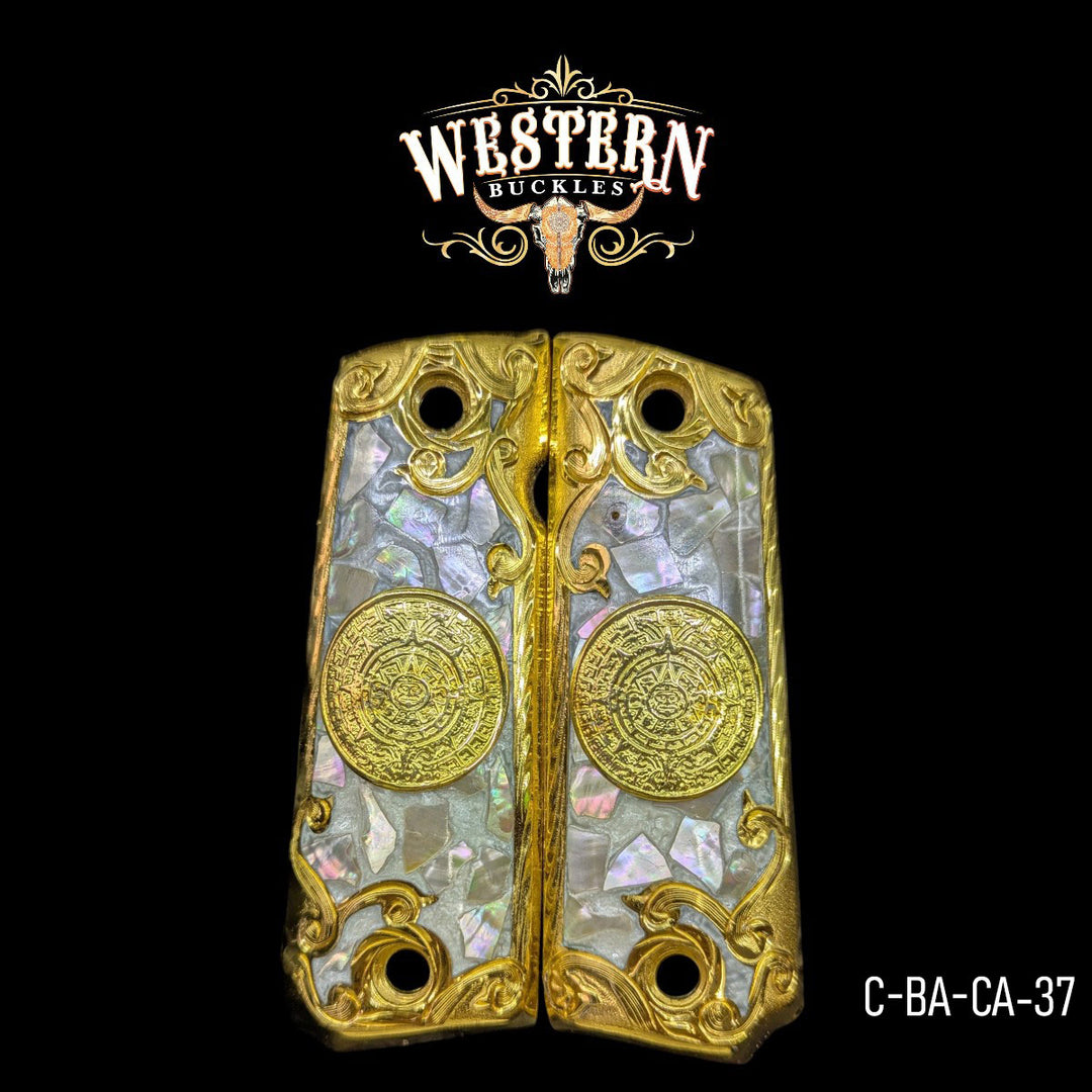 Aztec Calendar Custom Grips for Colt 1911 Full-Size — 24K Gold-Plated with Mother-of-Pearl & Artisan Resin