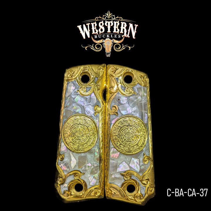 Aztec Calendar Custom Grips for Colt 1911 Full-Size — 24K Gold-Plated with Mother-of-Pearl &amp; Artisan Resin