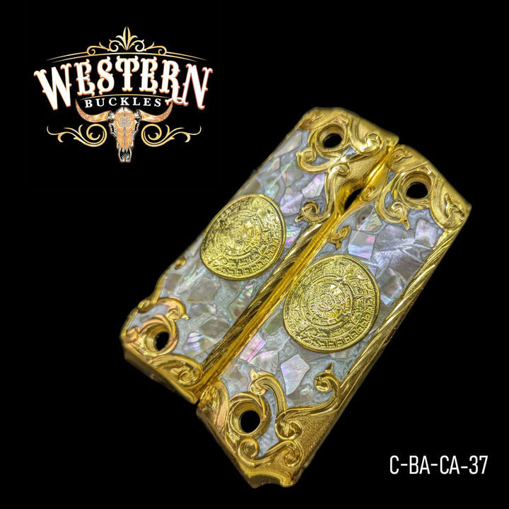 Aztec Calendar Custom Grips for Colt 1911 Full-Size — 24K Gold-Plated with Mother-of-Pearl &amp; Artisan Resin