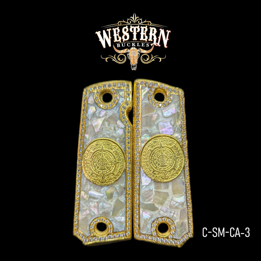 Aztec Calendar Custom Grips for Colt 1911 Full-Size — 24K Gold-Plated with Mother-of-Pearl & Zirconia Stones