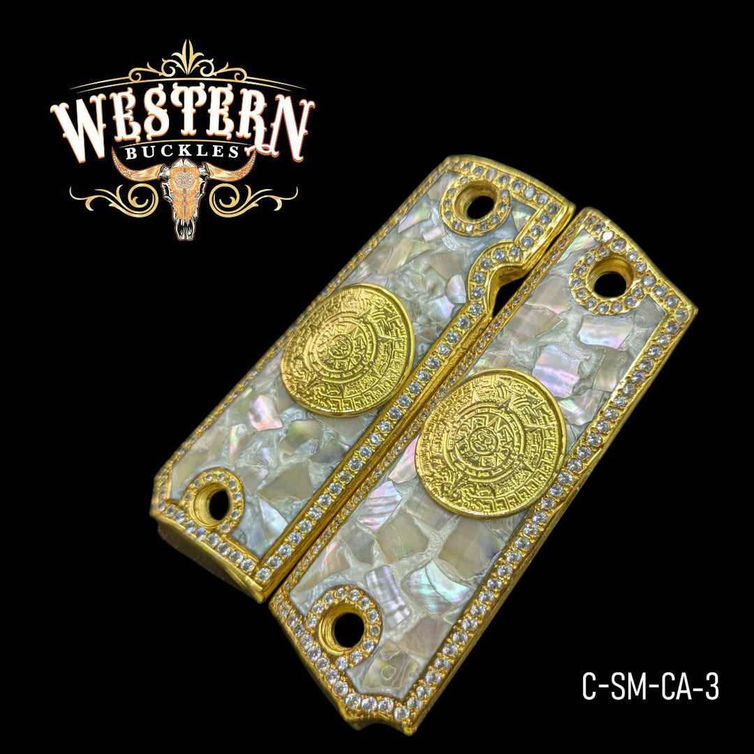 Aztec Calendar Custom Grips for Colt 1911 Full-Size — 24K Gold-Plated with Mother-of-Pearl &amp; Zirconia Stones