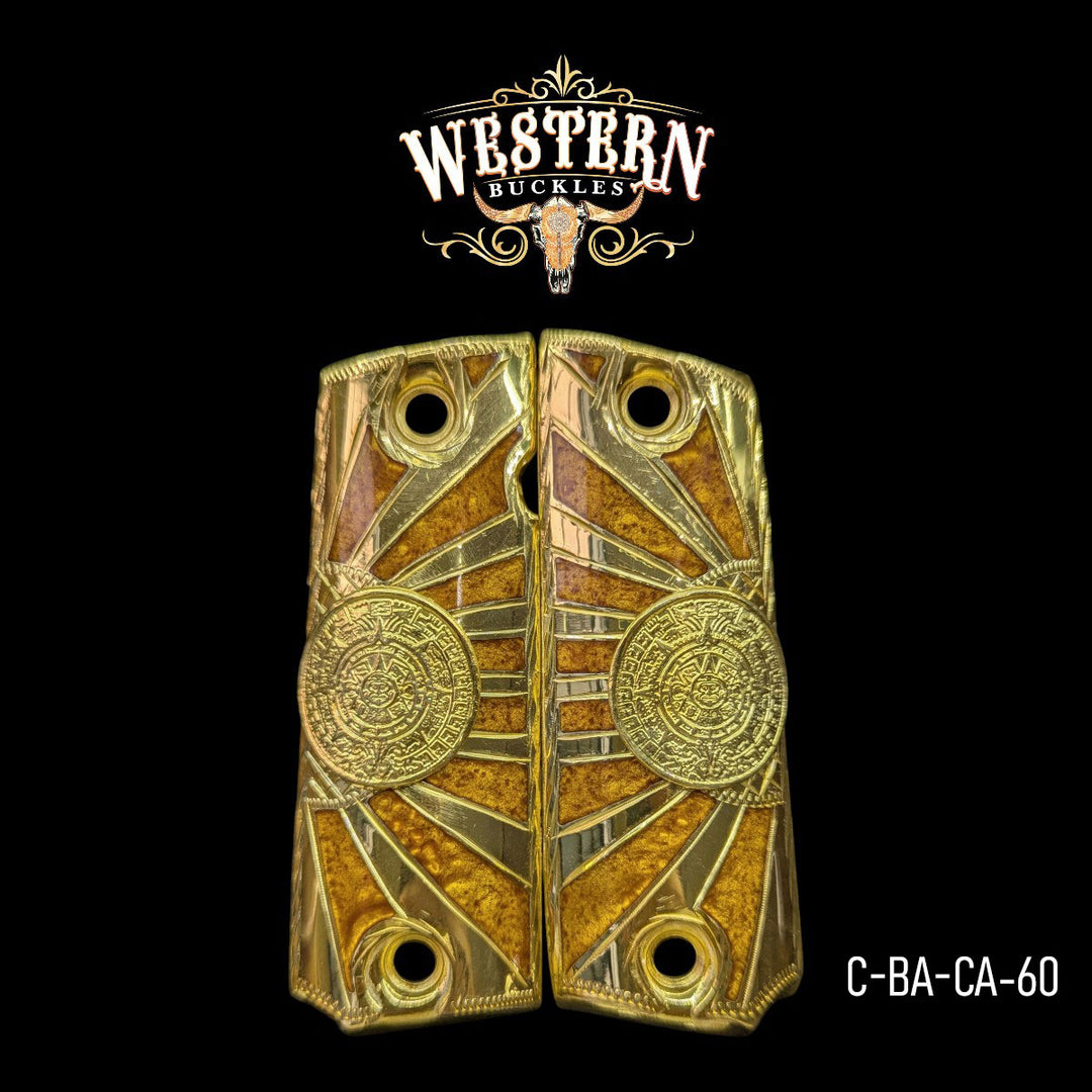 Aztec Calendar Custom Grips for Colt 1911 Full-Size — 24K Gold-Plated with Orange Artisan Resin