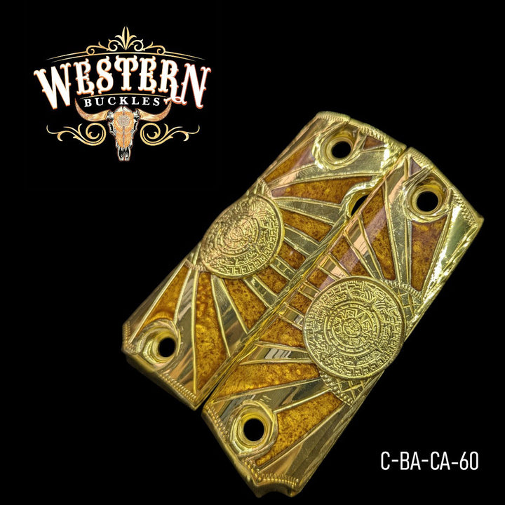 Aztec Calendar Custom Grips for Colt 1911 Full-Size — 24K Gold-Plated with Orange Artisan Resin