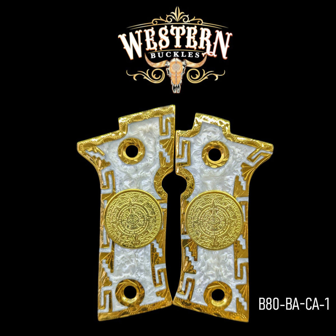 Aztec Calendar Custom Grips for the Beretta 80X — 24K Gold-Plated & Mother-of-Pearl
