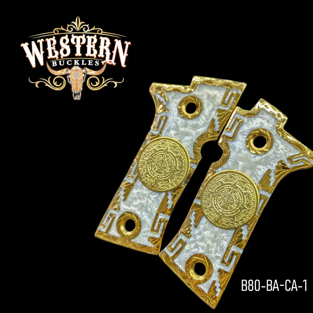 Aztec Calendar Custom Grips for the Beretta 80X — 24K Gold-Plated &amp; Mother-of-Pearl
