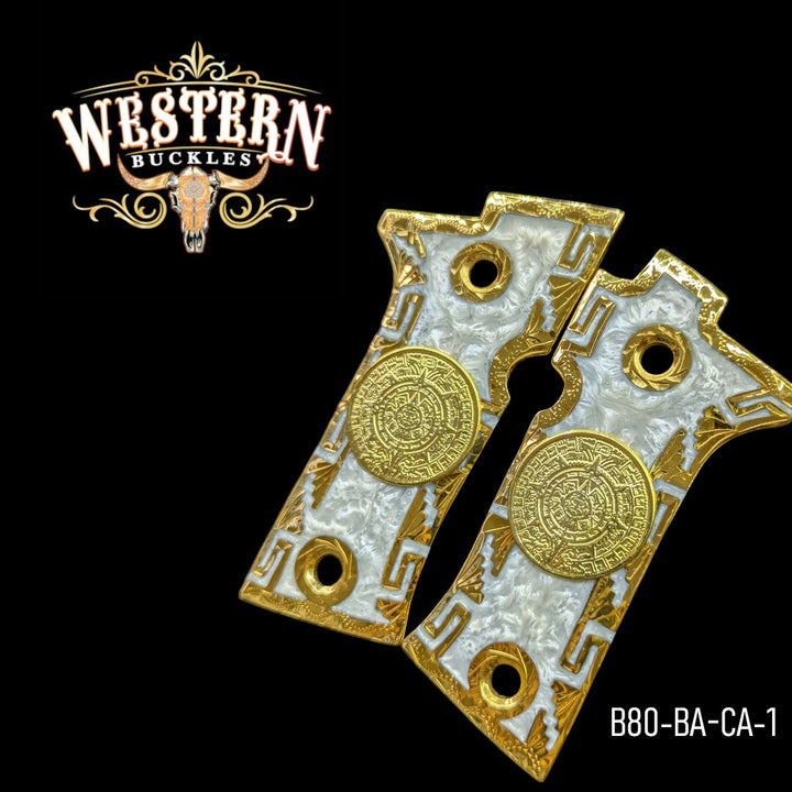 Aztec Calendar Custom Grips for the Beretta 80X — 24K Gold-Plated &amp; Mother-of-Pearl