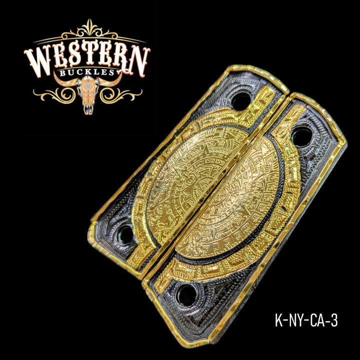 Aztec Calendar Custom Grips for the Colt 1911 Compact &amp; Defender — 24K Gold-Plated &amp; Black Nickel