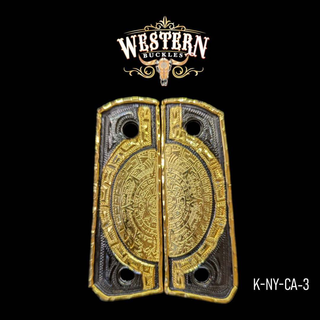 Aztec Calendar Custom Grips for the Colt 1911 Compact &amp; Defender — 24K Gold-Plated &amp; Black Nickel