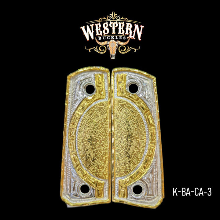 Aztec Calendar Custom Grips for the Colt 1911 Compact &amp; Defender — 24K Gold-Plated &amp; Silver-Plated