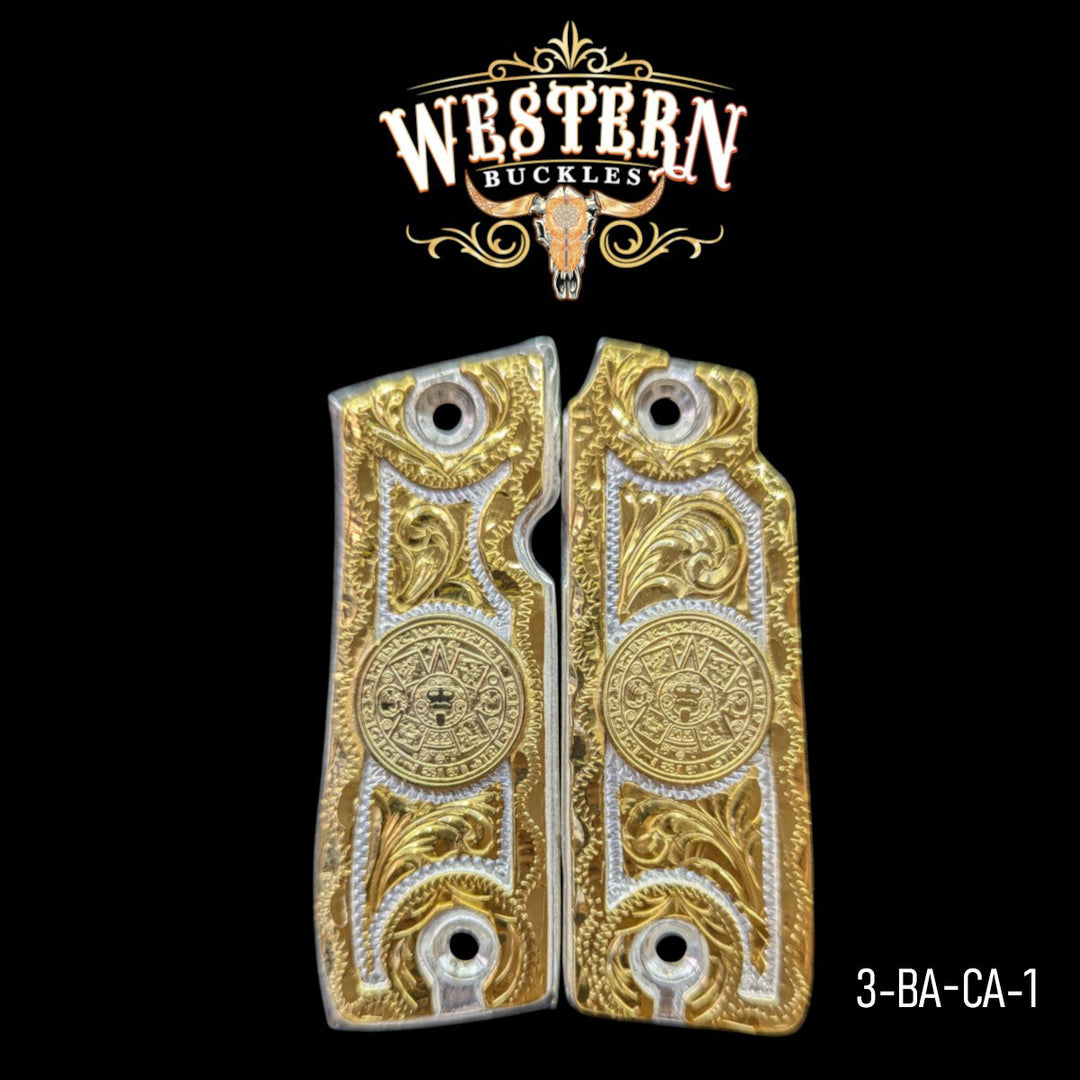 Aztec Calendar Custom Grips for the Colt Mustang .380 Plus — 24K Gold-Plated &amp; Silver-Plated