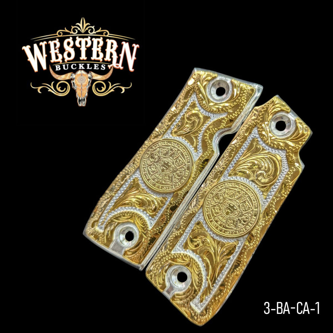 Aztec Calendar Custom Grips for the Colt Mustang .380 Plus — 24K Gold-Plated &amp; Silver-Plated