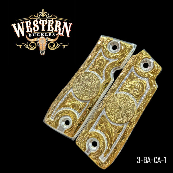 Aztec Calendar Custom Grips for the Colt Mustang .380 Plus — 24K Gold-Plated &amp; Silver-Plated