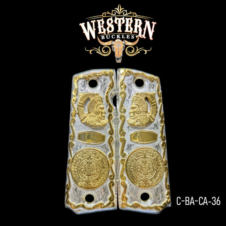 Aztec Calendar Grips for Colt 1911 — 24K Gold &amp; Silver Plating-The Western Buckles