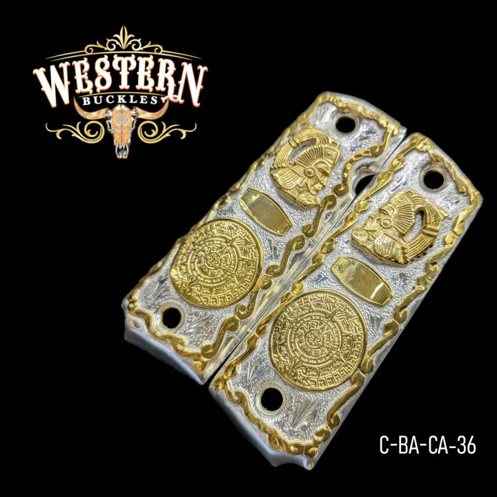Aztec Calendar Grips for Colt 1911 — 24K Gold &amp; Silver Plating-The Western Buckles