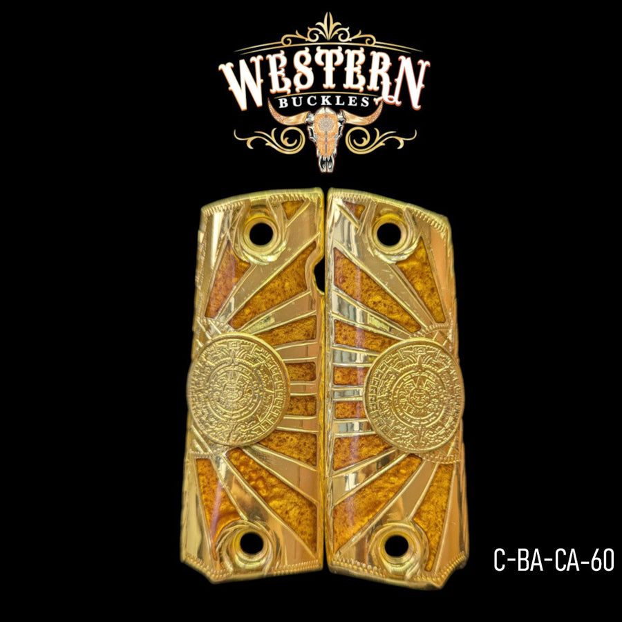 Aztec Calendar Custom Grips for Colt 1911 Full-Size — 24K Gold-Plated with Orange Artisan Resin