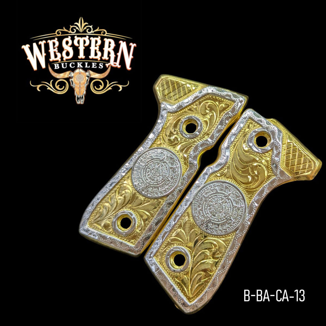 Aztec Calendar (Calendario) Hand-Engraved Grips for Beretta 92FS — 24K Gold-Plated &amp; Silver-Plated 