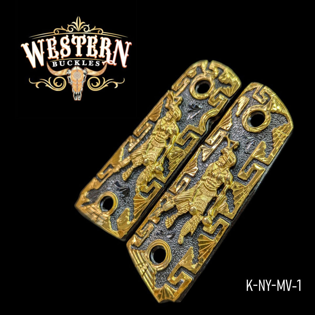 Aztec Warrior Custom Grips for the Colt 1911 Compact — 24K Gold-Plated &amp; Black Nickel