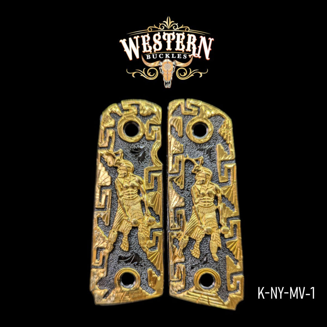 Aztec Warrior Custom Grips for the Colt 1911 Compact — 24K Gold-Plated & Black Nickel